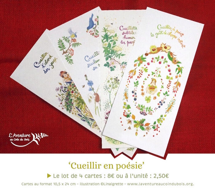 Cartes "cueillir en poésie" de L'Aventure au coin du bois, reproduction d'aquarelles poétiques autour de la cueillette Cartes "cueillir en poésie" de L'Aventure au coin du bois, reproduction d'aquarelles poétiques autour de la cueillette