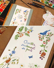Détail de l'aquarelle de Linaigrette en cours pour la carte Cueillir seulement sa part Détail de l'aquarelle de Linaigrette en cours pour la carte Cueillir seulement sa part